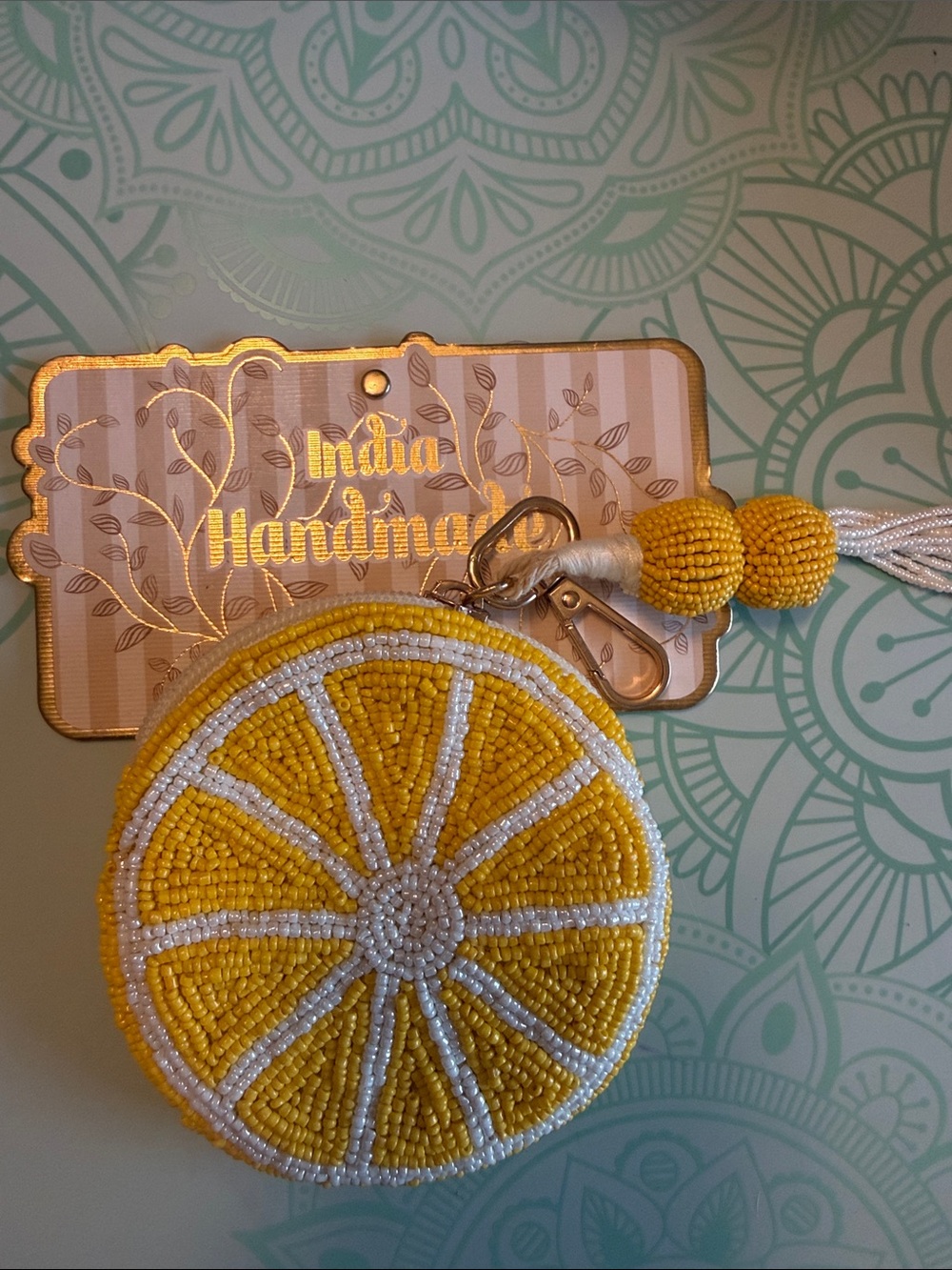 Yellow Beaded Lemon Coin Purse Keychain